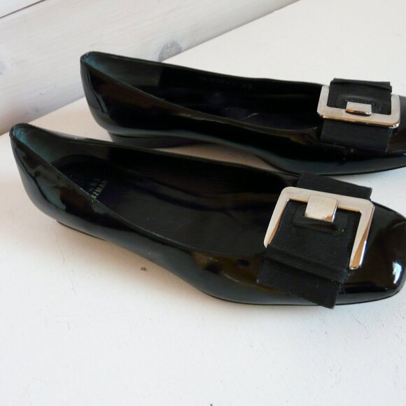 Stuart Weitzman Black Patent Leather Slip On Large Buckle Flats Sz 37 US 6.5 - Picture 13 of 14